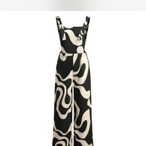 Cider Black and White Abstract Jumpsuit with Wide-Leg Design